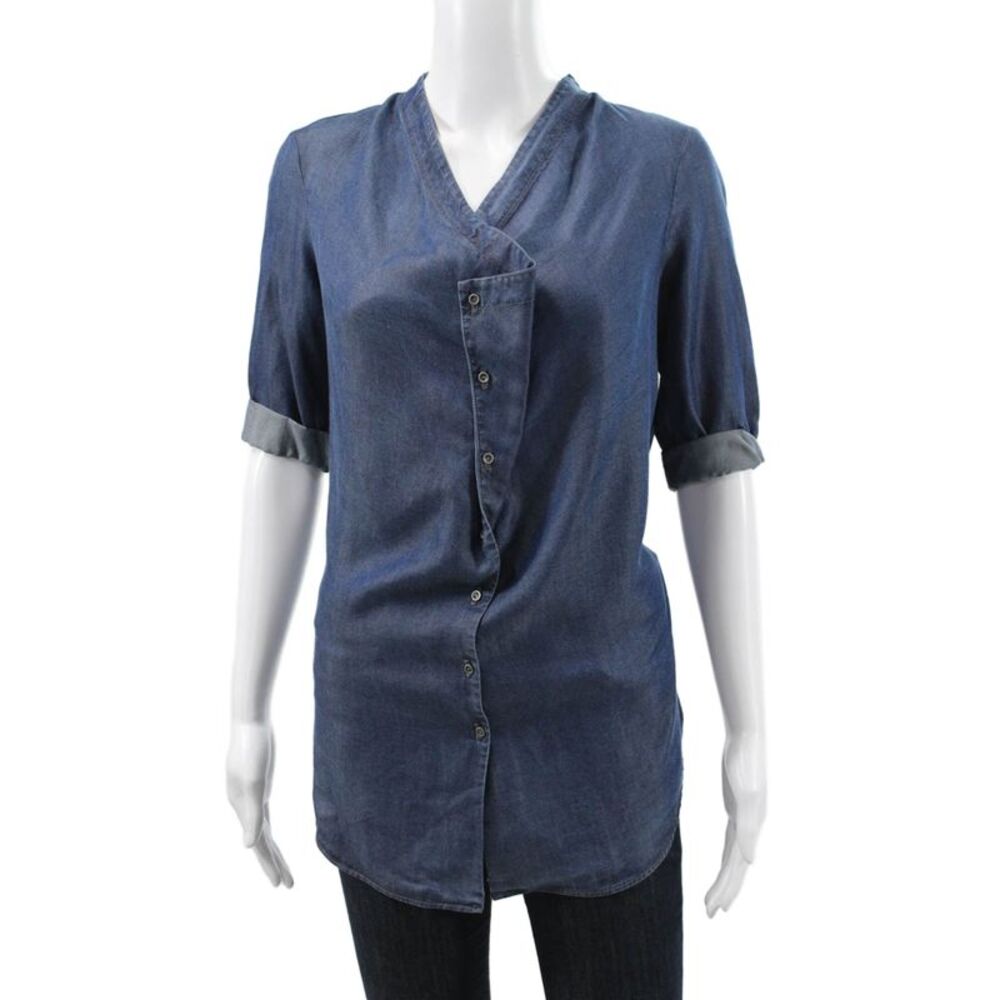 Helmut Lang Women Blue V-Neck Tunic Blouse 3/4 Sleeve Button Size S